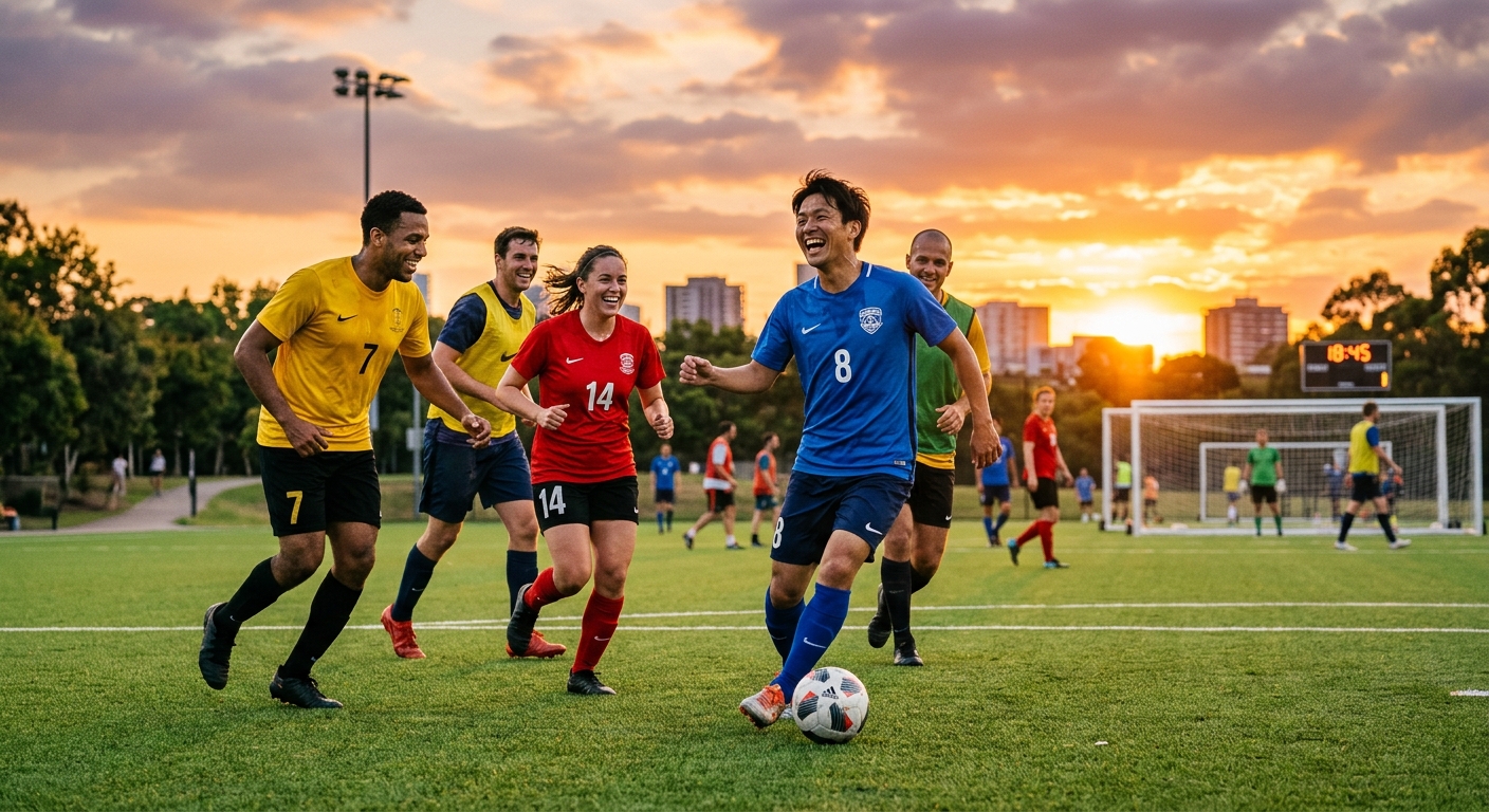 夕焼けのサッカーグラウンドで社会人が練習中。オレンジと緑の色彩が温かく、活気とチームワークが溢れる。