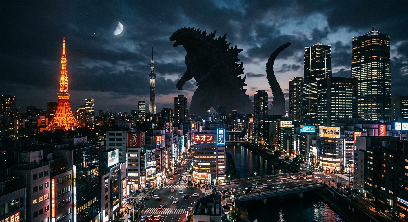 夜の東京に巨大なゴジラのシルエットが立ち上がり、ネオンライトが輝く摩天楼と月光が街を照らす。