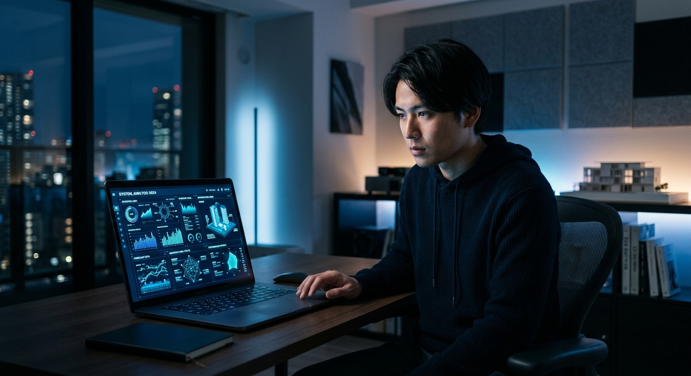 薄暗い部屋でノートパソコンに集中する若い男性、未来的なデザインの統計データが画面に表示されている。