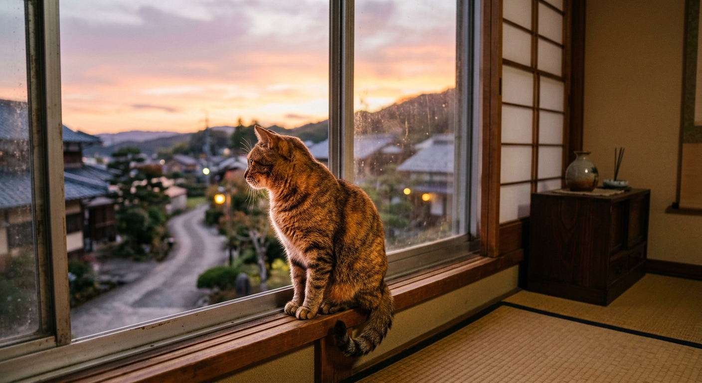 夕暮れの窓辺で外を見つめる猫、和風のインテリアと夕日の光が温かみを演出。
