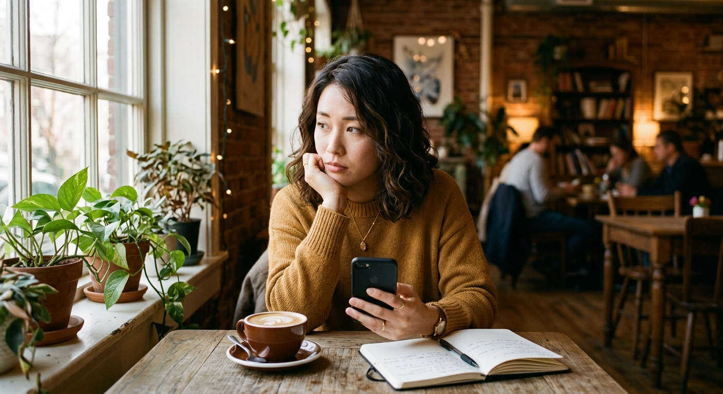 カフェでスマートフォンを見つめる女性、自然光が彼女を照らし、コーヒーカップとメモ帳がテーブルに。