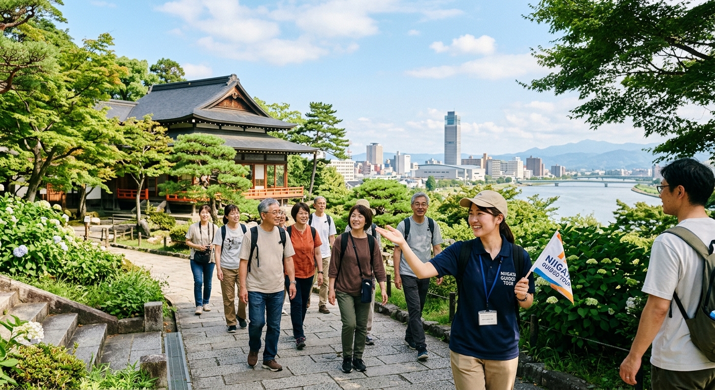 新潟の自然と都市風景、歴史的建物と公園が調和する風景。青空と緑が基調でノスタルジックな雰囲気。