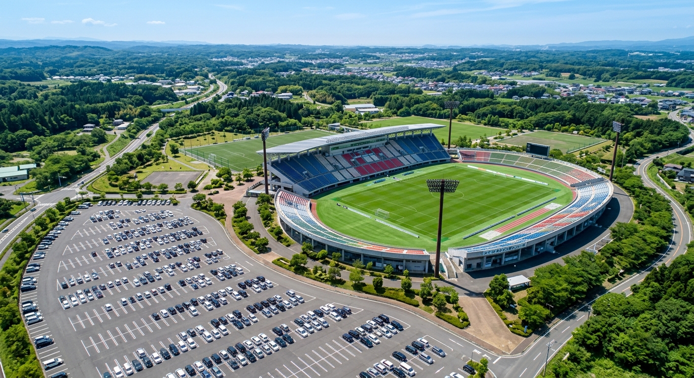 晴れた日、みやぎ生協めぐみ野サッカー場の全景を俯瞰で捉えた写真。駐車場と緑の芝生が広がる。