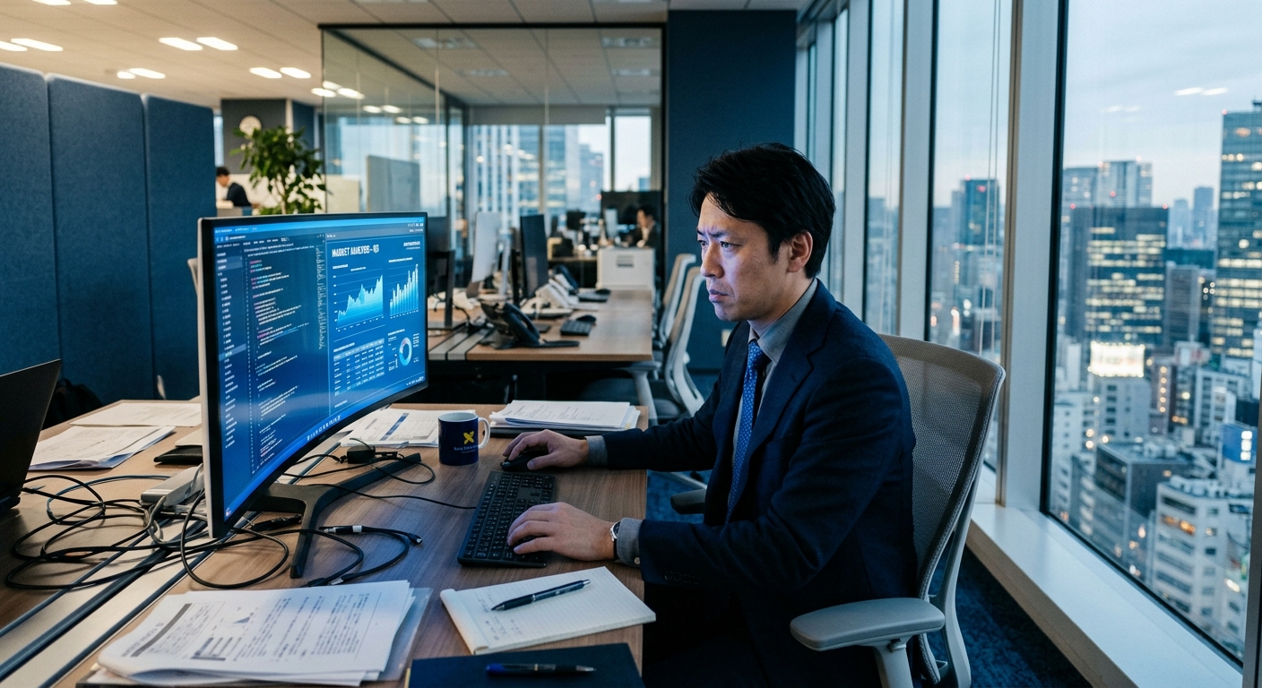 高層ビルのオフィスで、ビジネスマンがコンピュータ画面を見つめ、自然光が差し込む中で集中している。