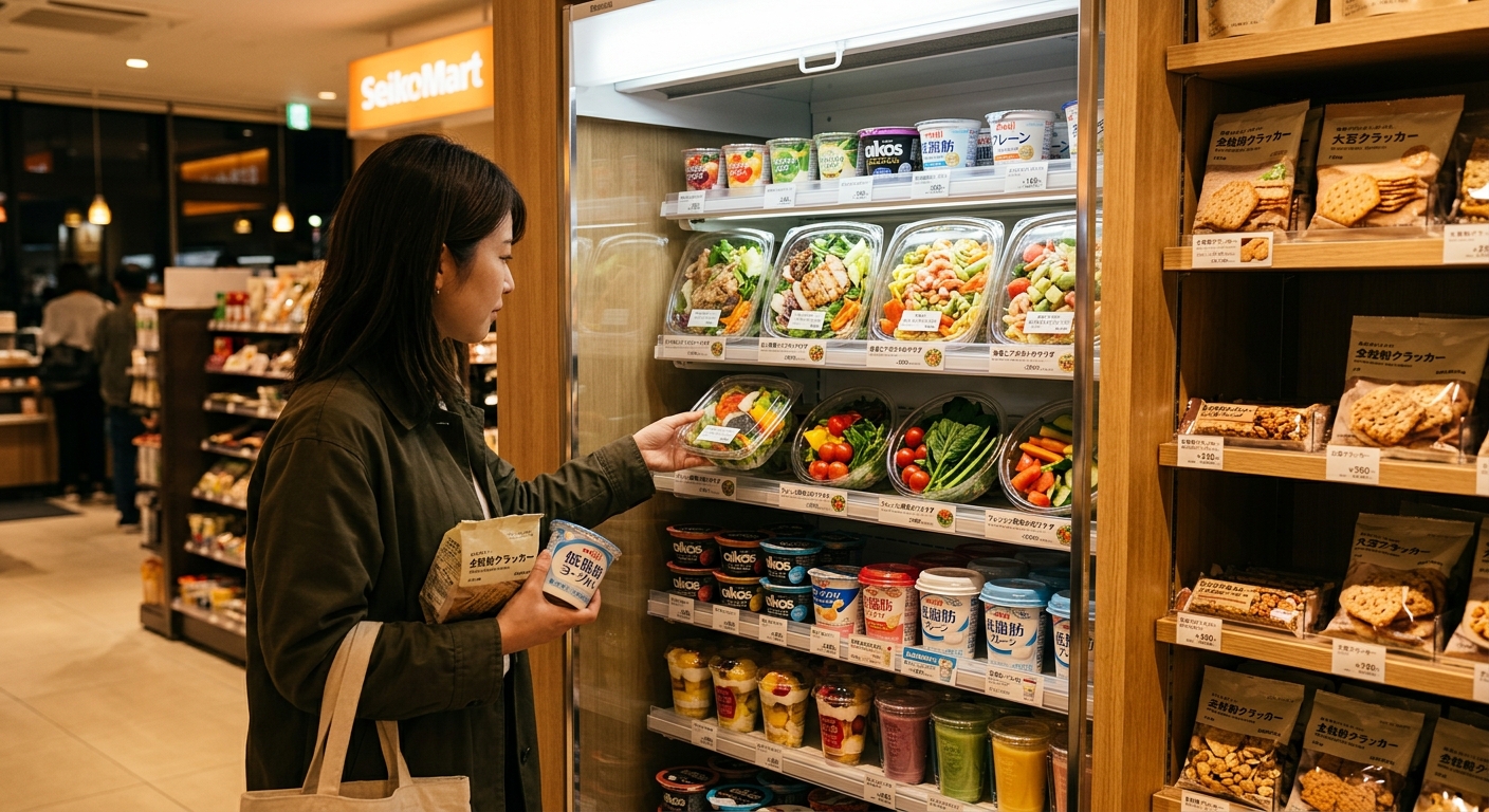 夜のコンビニ店内、暖色系の照明が健康食品を照らし、サラダやヨーグルトが整然と並ぶ。