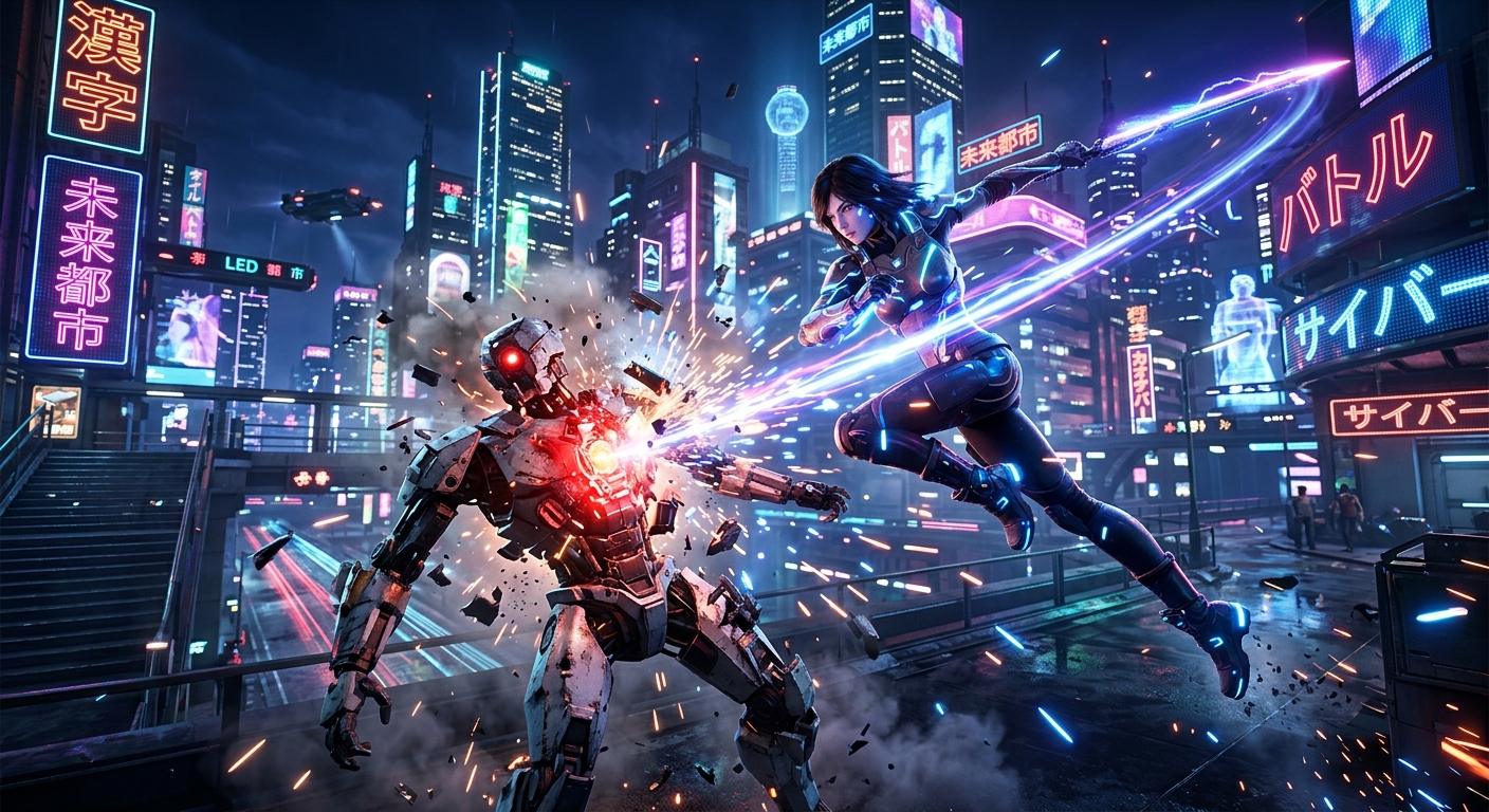 未来都市の背景でキャラクターが敵を倒す瞬間。ネオンライトが輝くダイナミックなゲームシーン。