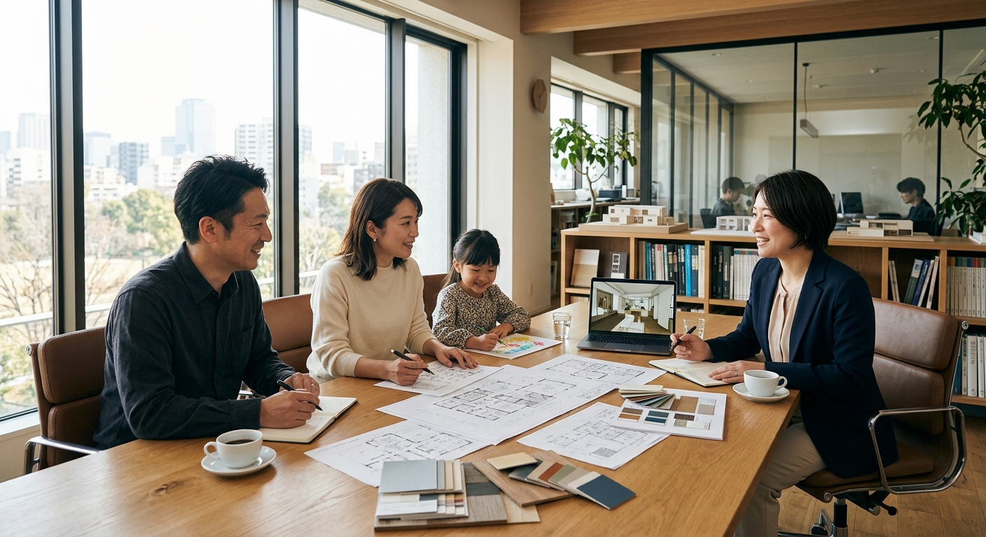 家族が建築家と注文住宅の打ち合わせをするオフィスで、自然光が差し込む明るい空間。