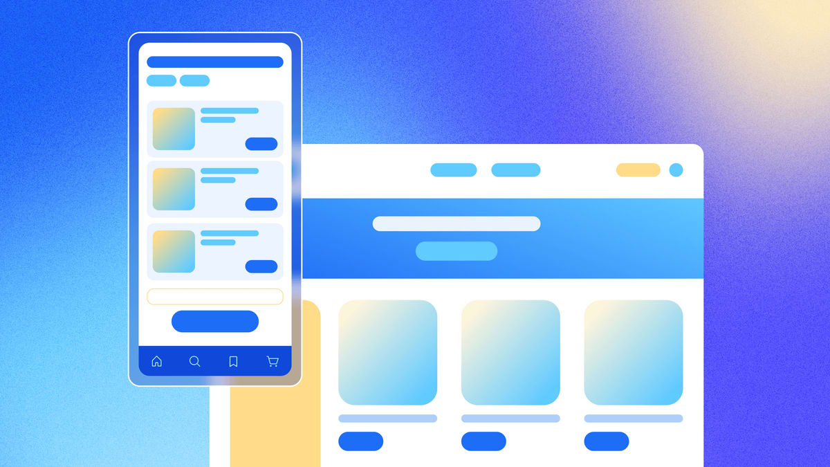 A blue smartphone and a gray laptop illustrate the choice between mobile app development and web app development with Bubble.