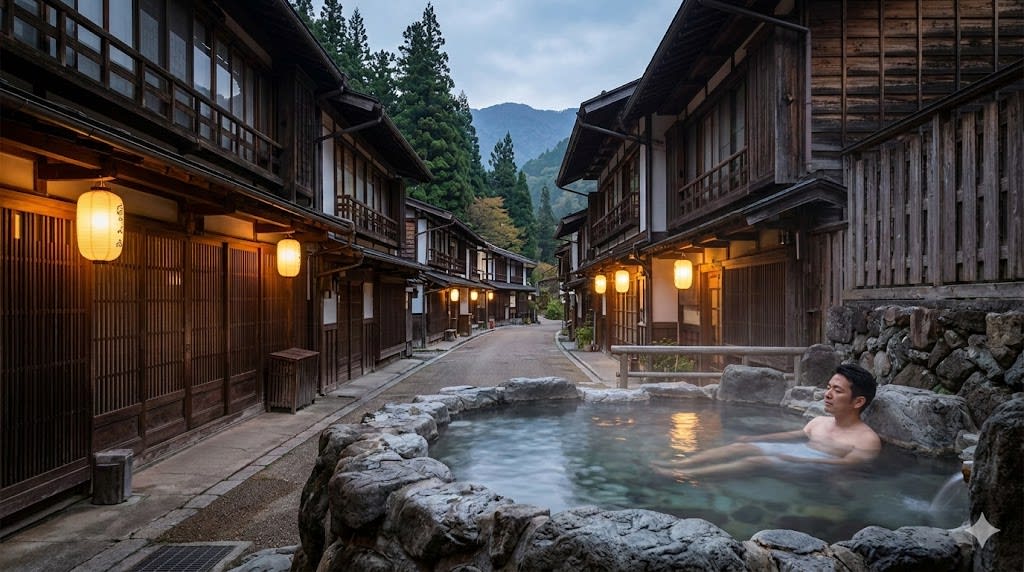 下部温泉の旅館「古湯坊源泉館」の風格ある外観。歴史的な木造建築の宿の前に、赤い橋が架かる美しい日本庭園が広がる。