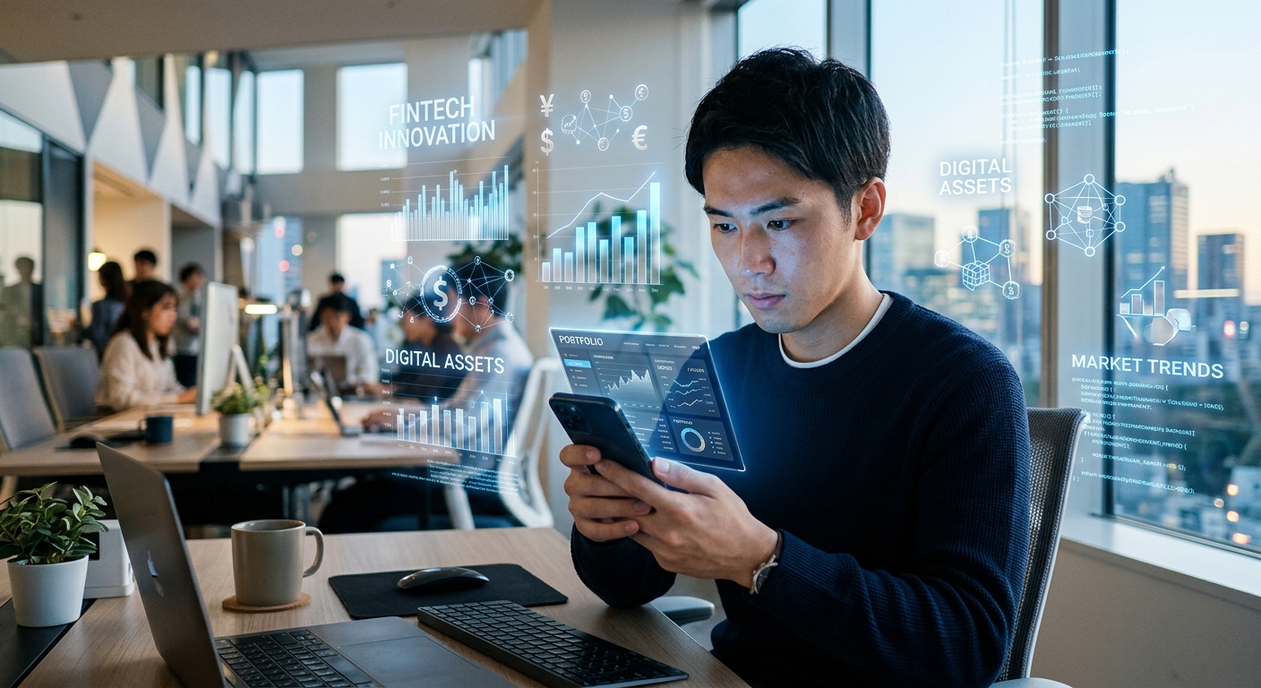 スマートフォンを見つめる若い男性、フィンテック要素が背景に浮かぶ明るいオフィス。