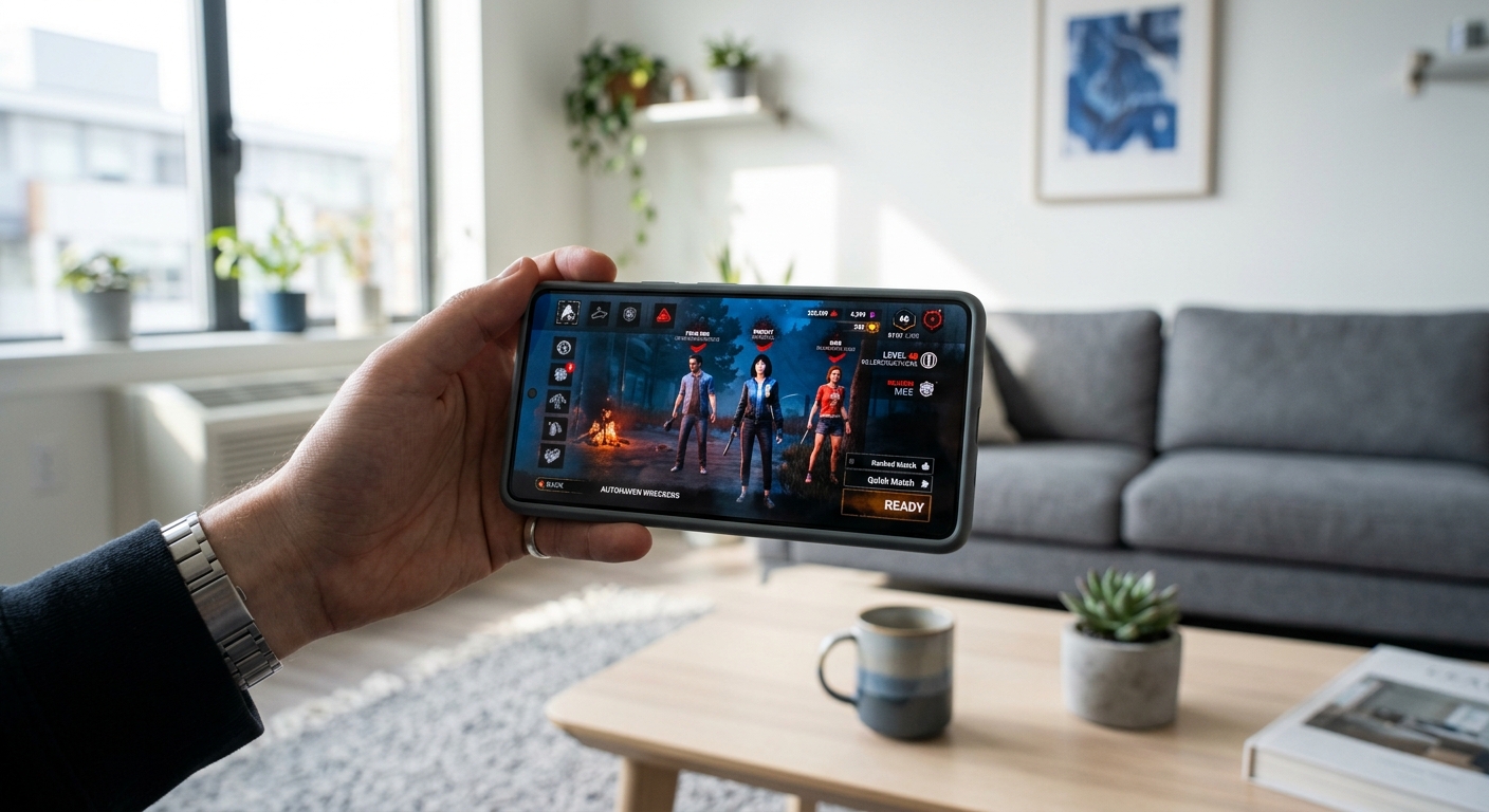 スマートフォンでDbDモバイルをプレイ中のモダンな部屋、自然光が差し込むミニマリストなインテリア。