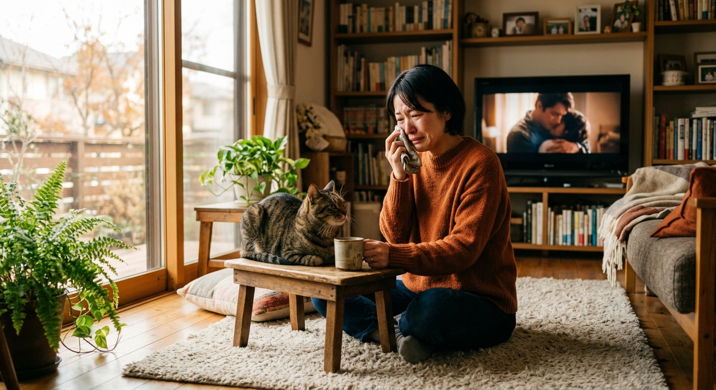 暖かな色調のリビングルームで、猫と感涙にむせぶ女性が自然光に照らされている。