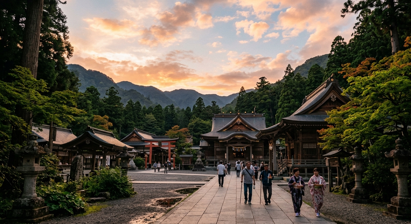 夕暮れの新潟、歴史的建物が並ぶ聖地巡礼スポット。オレンジとピンクの空、自然光が暖かく風景を照らす。