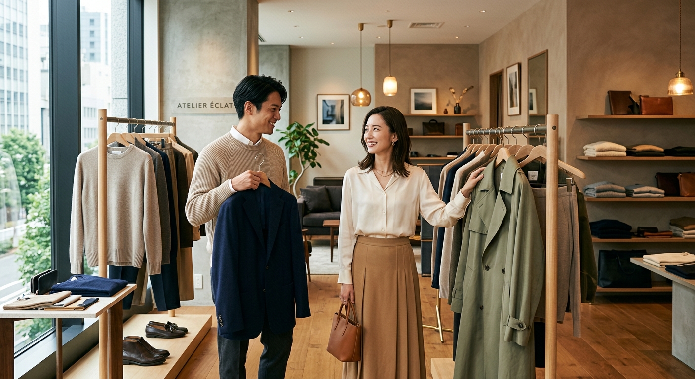 洗練されたブティックで服を選ぶ20代後半の男女、モダンなインテリアと自然光が調和。