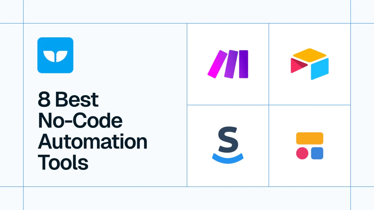 Logos of the 8 best no-code tools, including Zapier and Whalesync, arranged in a vibrant circular network graphic.