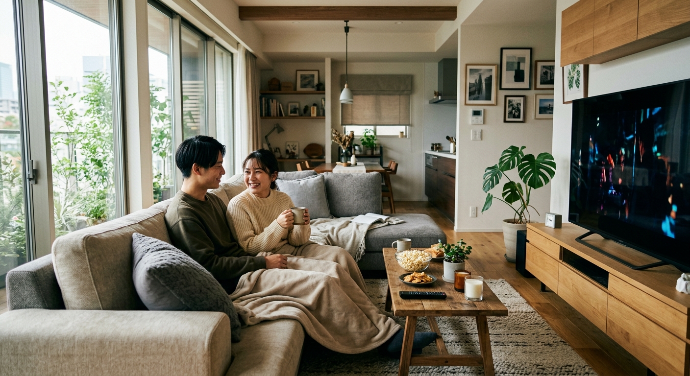 モダンなリビングで映画を楽しむ日本人カップル、自然光が差し込む。