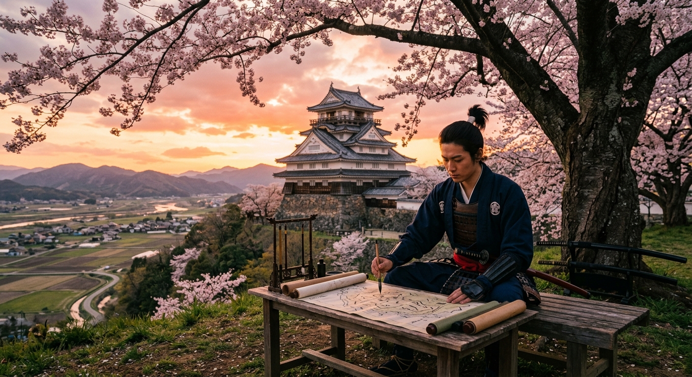 夕暮れの光の中、織田信長が桜の木の下で戦略を練る。背後に城と田園風景が広がる。