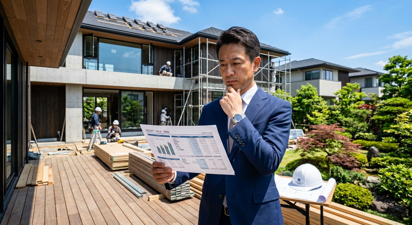 高級住宅地で予算表を持ち考え込むビジネスマン、建設中の現代的な家と青空が背景に。