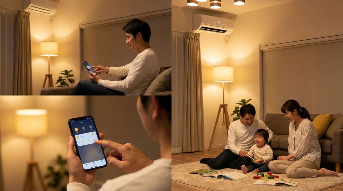 人の手が青く光るホログラムに触れ、AIとIoTで進化する未来のスマートホームを直感的に操作している様子。