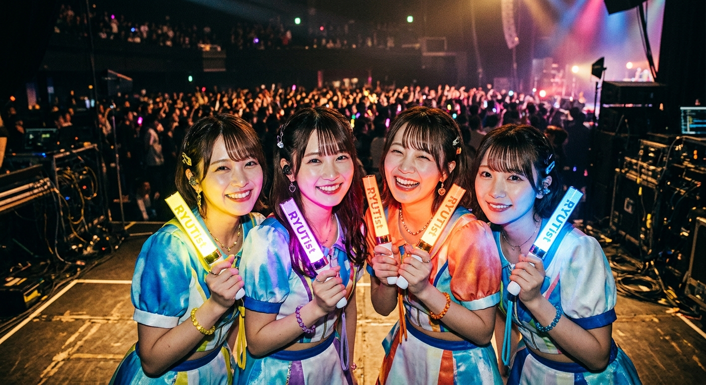 RYUTistメンバーが舞台裏でペンライトを持ち微笑む。背景に観客のシルエット。