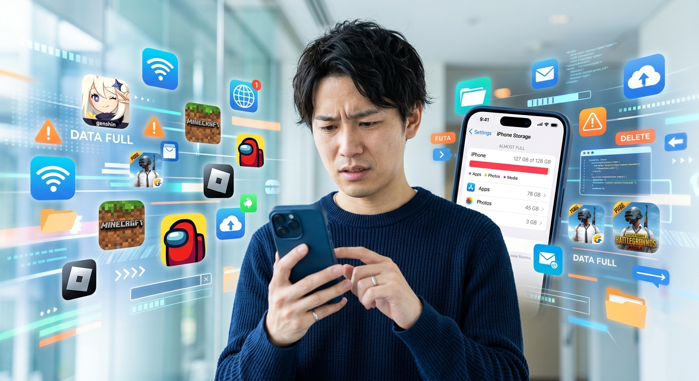 最新のiPhoneを手に持つ人が、デジタルデータとゲームアイコンの背景で容量管理に悩むシーン。