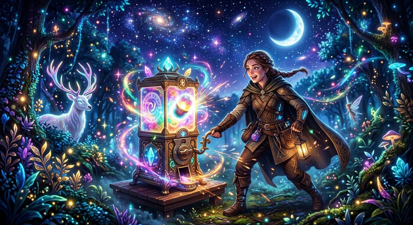 幻想的な森でプレイヤーがガチャを引く瞬間、夜空と魔法の光が輝くシーン。