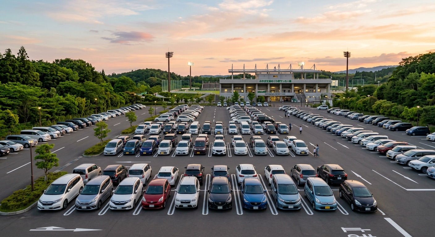 夕暮れのスタジアム駐車場、整然と並ぶ車、オレンジの光、緑の木々、穏やかな雰囲気。