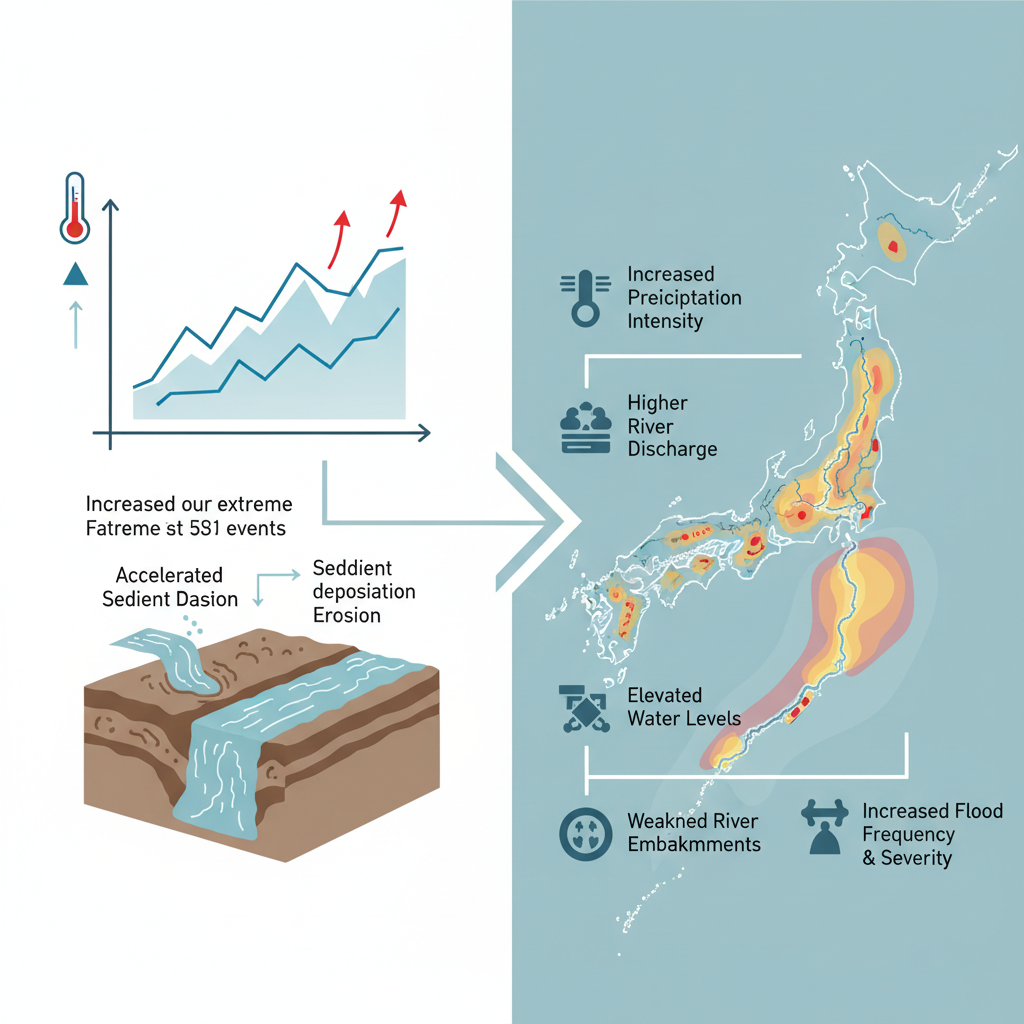 気候変動が日本の河川における水害リスクをどのように増大させているのか科学的な説明が知りたい。