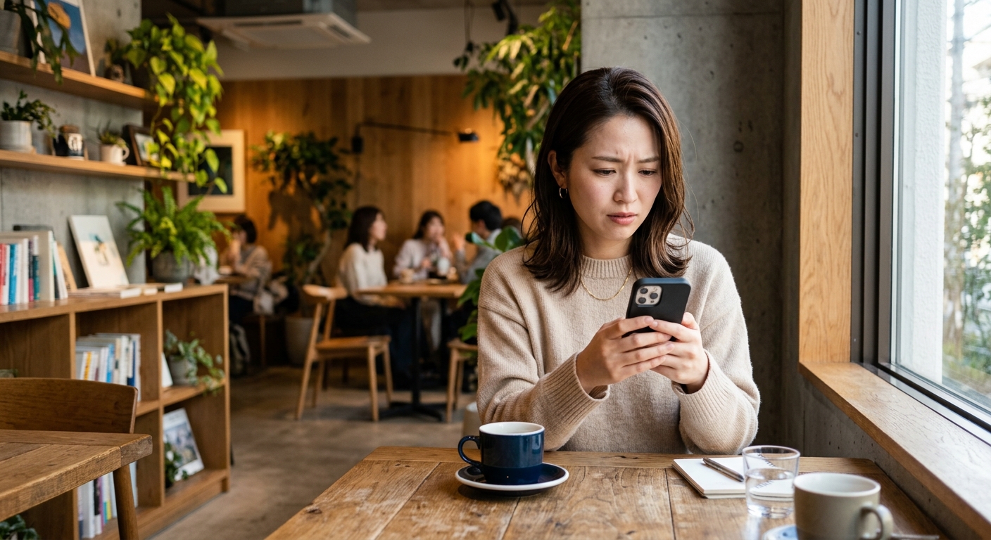 カフェでスマートフォンを見つめる困惑した表情の日本人女性。自然光が顔を照らす。