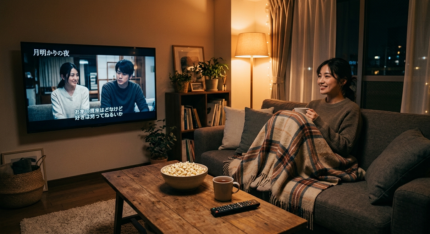 柔らかい照明のリビングで、ソファに座り映画を楽しむ日本人女性。ポップコーンと飲み物がテーブルに。