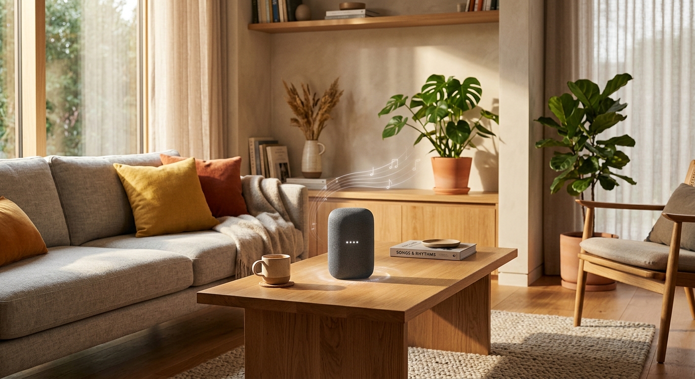 自然光の中で輝くスマートスピーカー、木製家具と観葉植物が調和するモダンなリビングルーム。